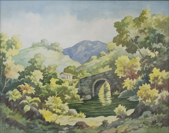 Sin título. Puente, lago y casa por Pacheco, Fausto